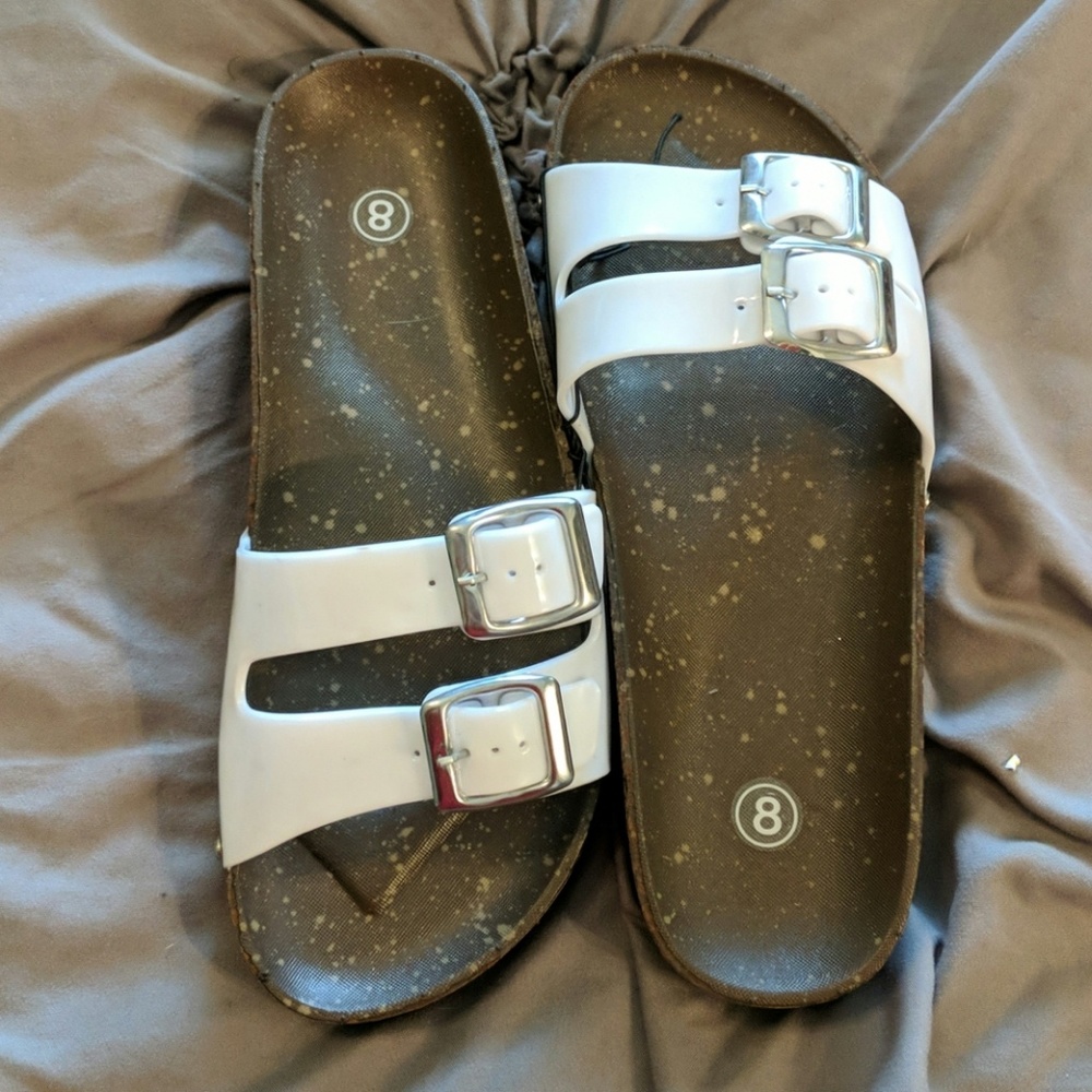 White cork buckle slip on sandals